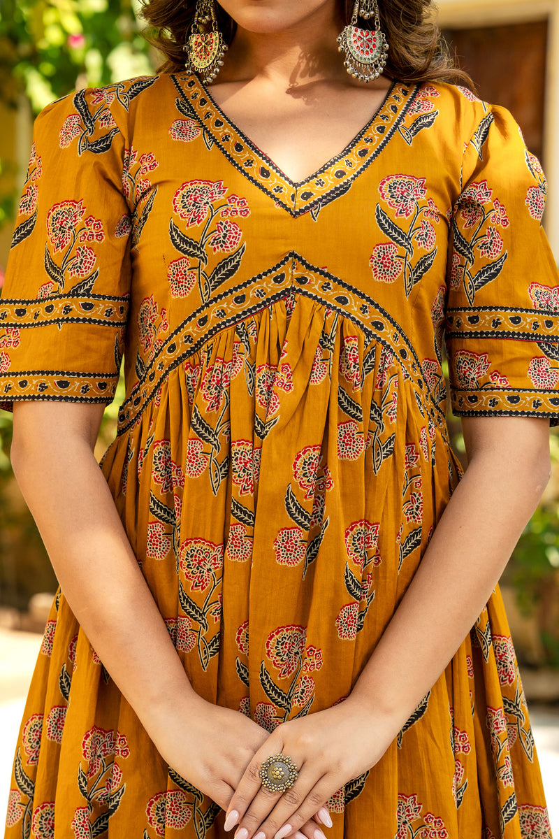 Mustard Ajrakh Mughal Buta Nyra Dress