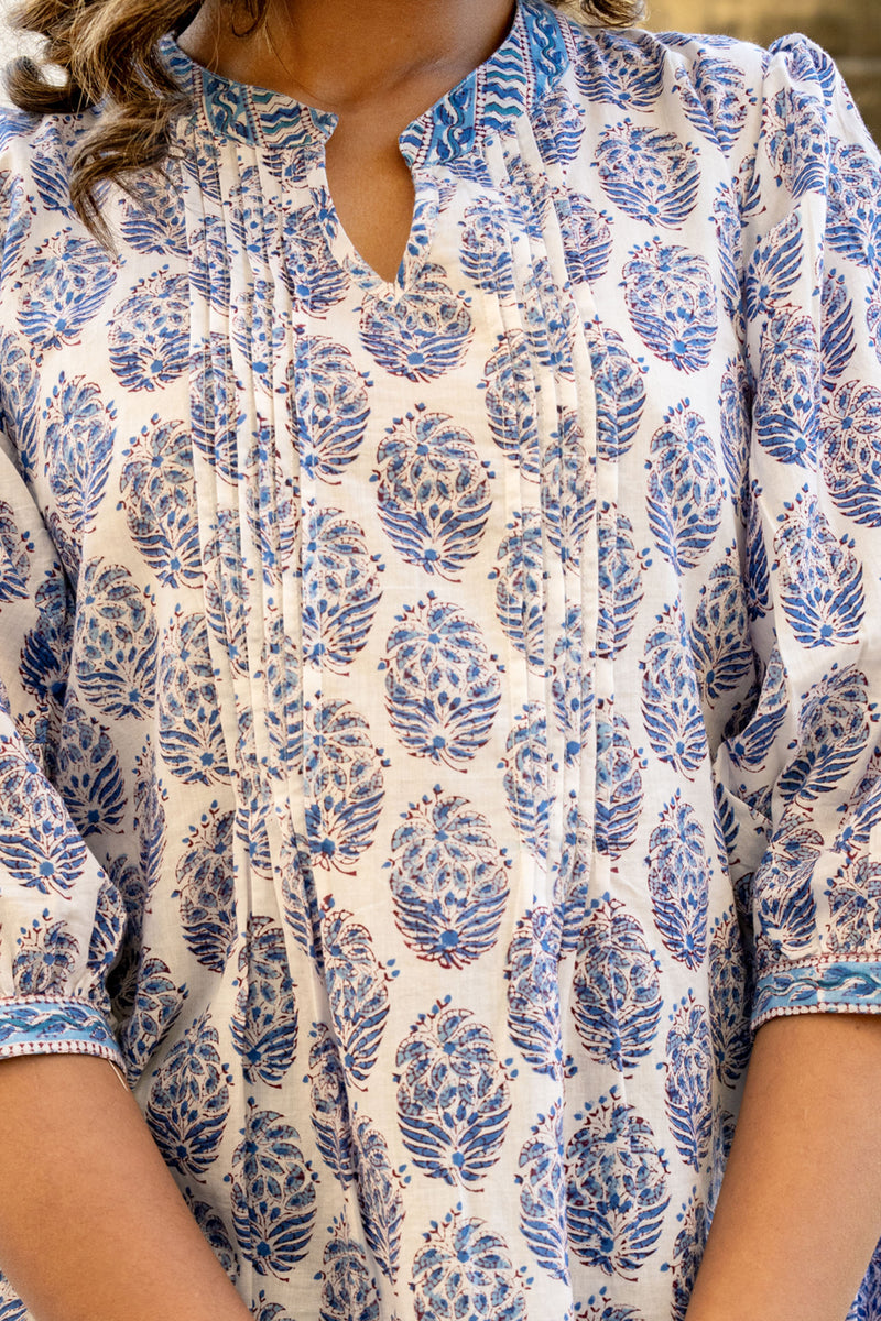 White Blue Buti Pintucks Tunic