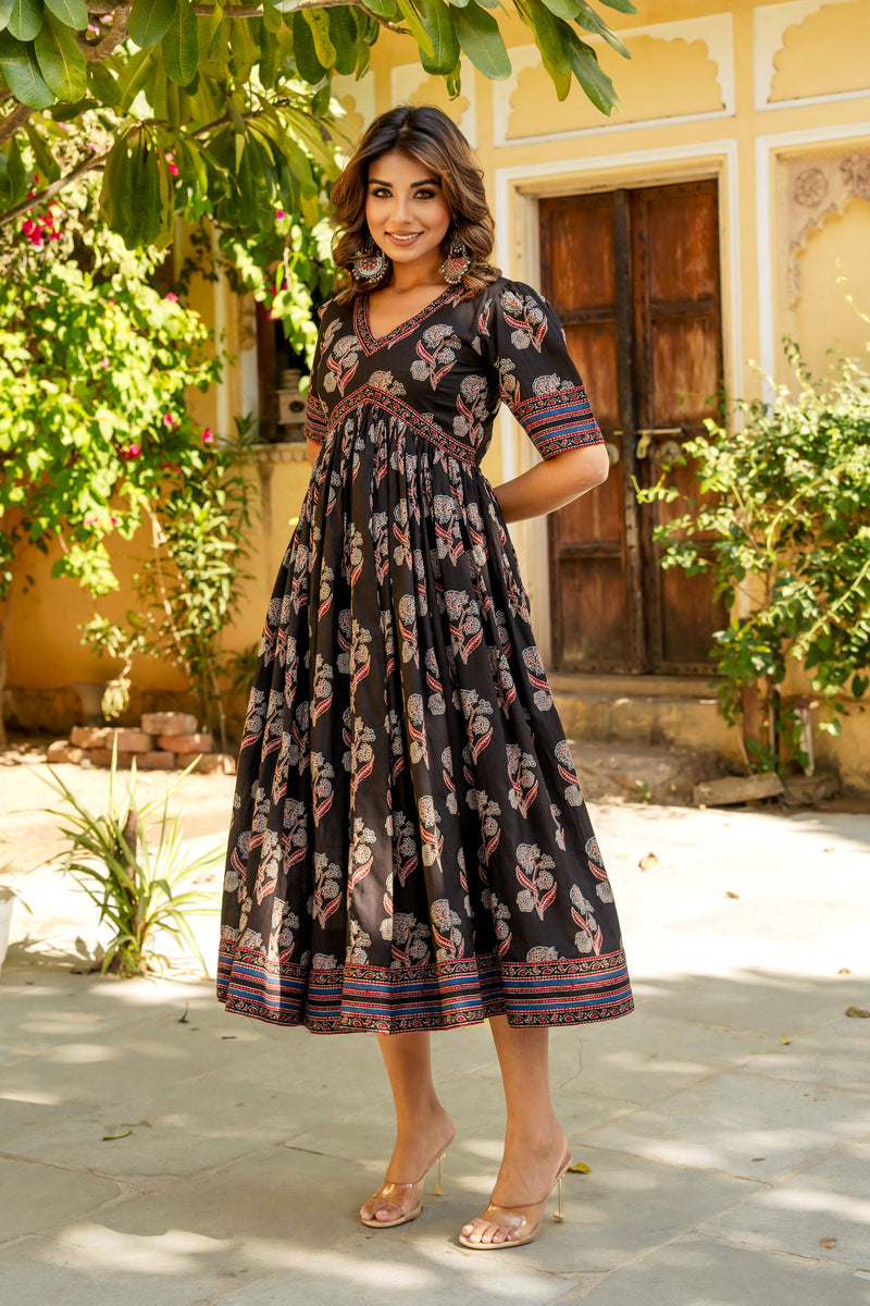 Black Ajrakh Mughal Buta Nyra Dress