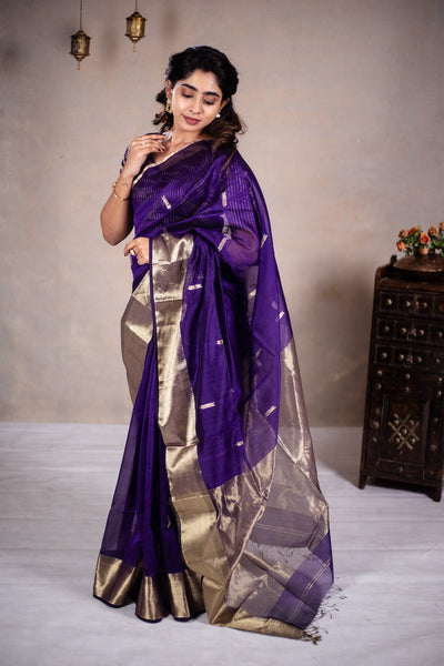 EXP - Reeva - Handwoven silk cotton saree - Dark Grape Purple + Gold