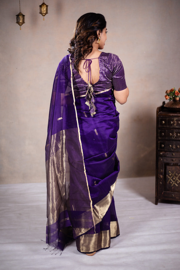 EXP - Reeva - Handwoven silk cotton saree - Dark Grape Purple + Gold