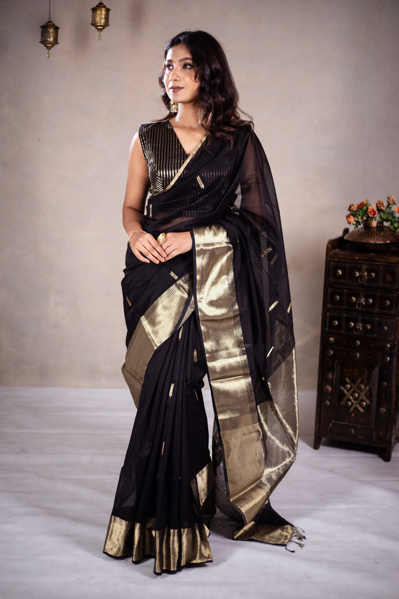 EXP - Reeva - Handwoven silk cotton saree - Black Pearl + Gold