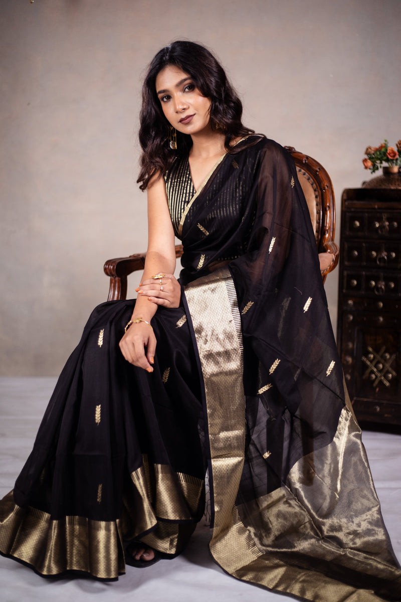 EXP - Reeva - Handwoven silk cotton saree - Black Pearl + Gold