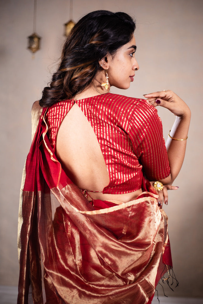 Reeva - Handwoven silk cotton saree - Thunderbird Red + Gold