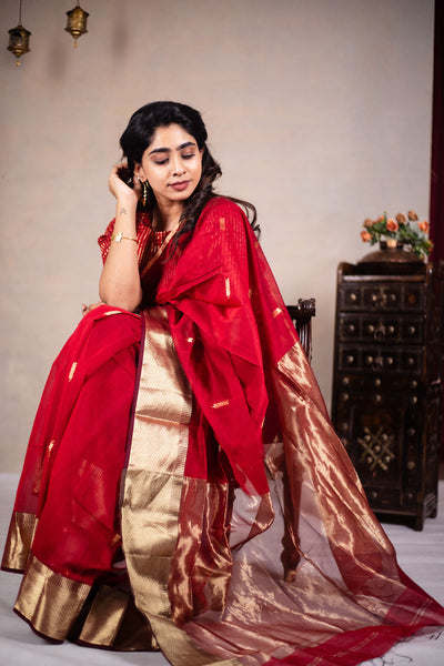 Reeva - Handwoven silk cotton saree - Thunderbird Red + Gold