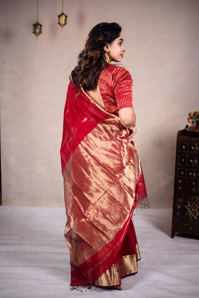 Reeva - Handwoven silk cotton saree - Thunderbird Red + Gold