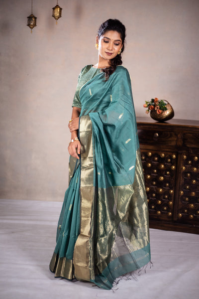 EXP - Reeva - Handwoven silk cotton saree -  Smalt Blue Green + Gold