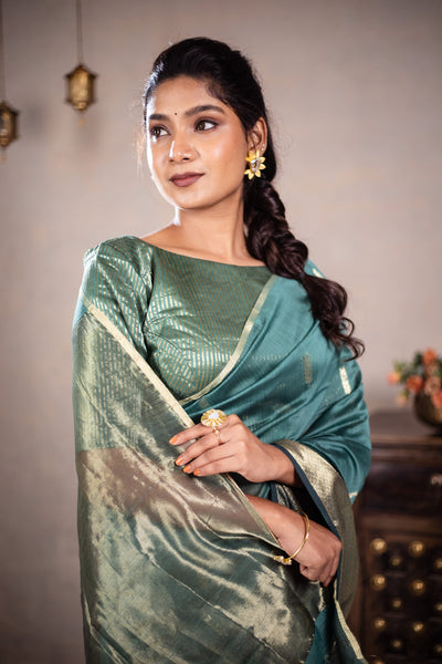 EXP - Reeva - Handwoven silk cotton saree -  Smalt Blue Green + Gold