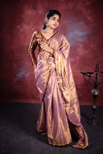 EXP - Varni Handwoven Tissue Saree - Shimmery Gold + Wine