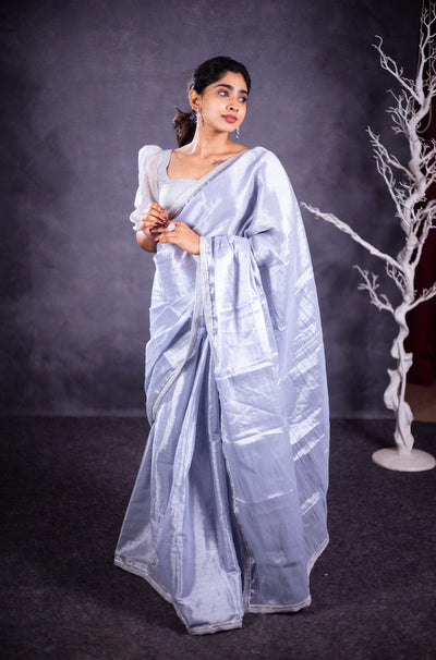 EXP - Varni Handwoven Tissue Saree - Ice Blue + Silver