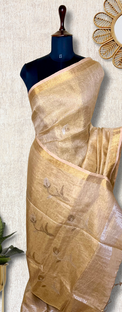 DIVA-Handwoven Metallic Linen Tissue Saree - Sandal Gold