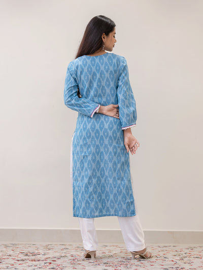 Frosted Vanilla Blue Ikat Handwoven Kurta