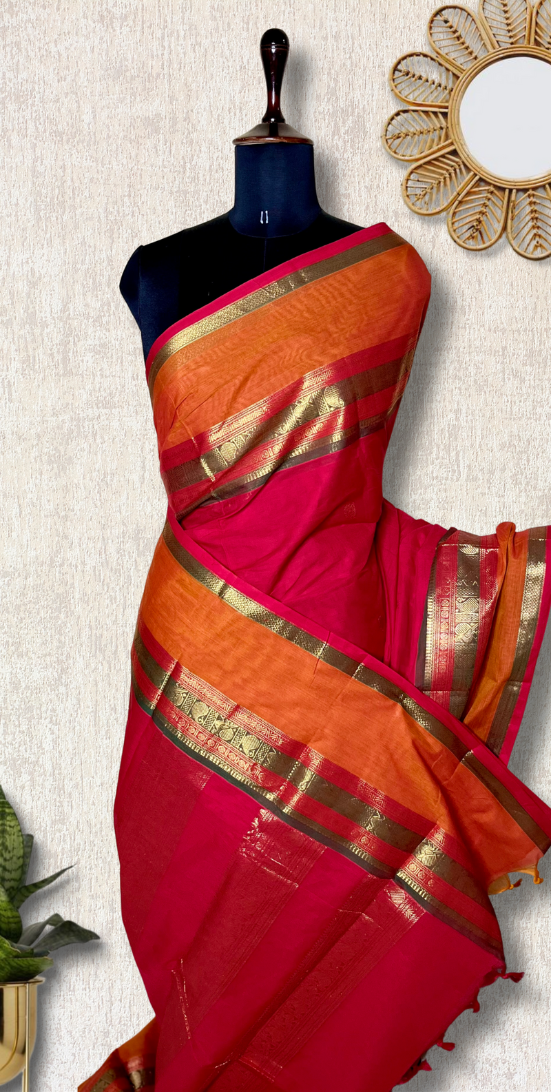 Kanchi Cotton Saree - Flush Maroon + Tango Orange