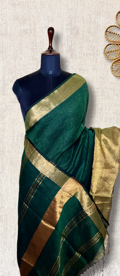 Handwoven Linen Saree - Bottle Green + Gold