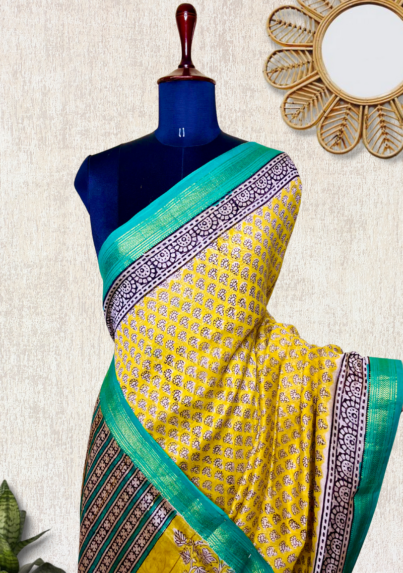 Handblock Printed Silk Cotton Saree - Bright Sun Yellow + Jungle Green