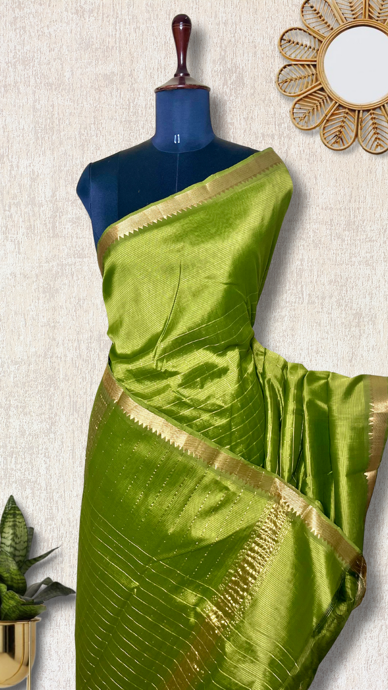 Handwoven Mangalgiri Silk Cotton Saree - Trendy Green + Gold