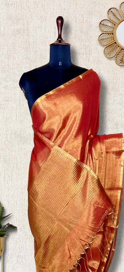 Handwoven Metallic Linen Tissue Saree - Tango Orange