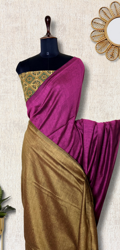 Khadi Cotton Saree - Brilliant Rose+ Copper Brown