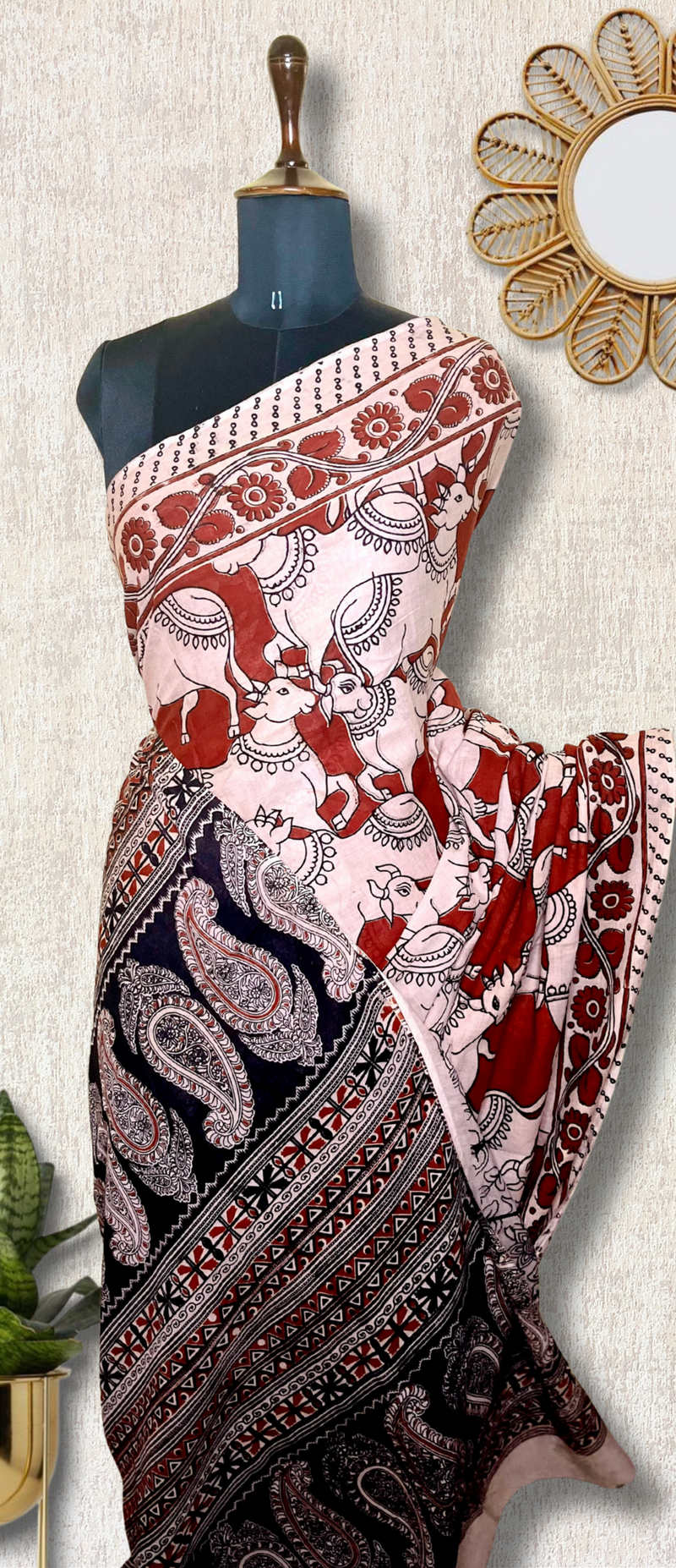 Handcrafted Kalamkari Cotton Saree - Persian Maroon + Soft Cream