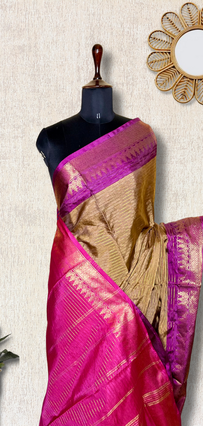 Handwoven Art Silk Saree -  Husk Brown + French Rose