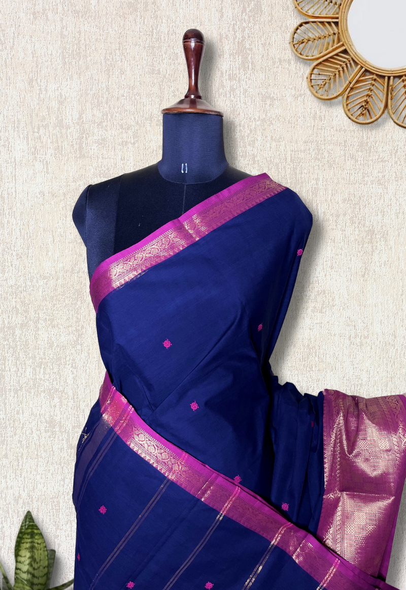 Chettinad Cotton Saree - Deep Blue + Medium Red Violet