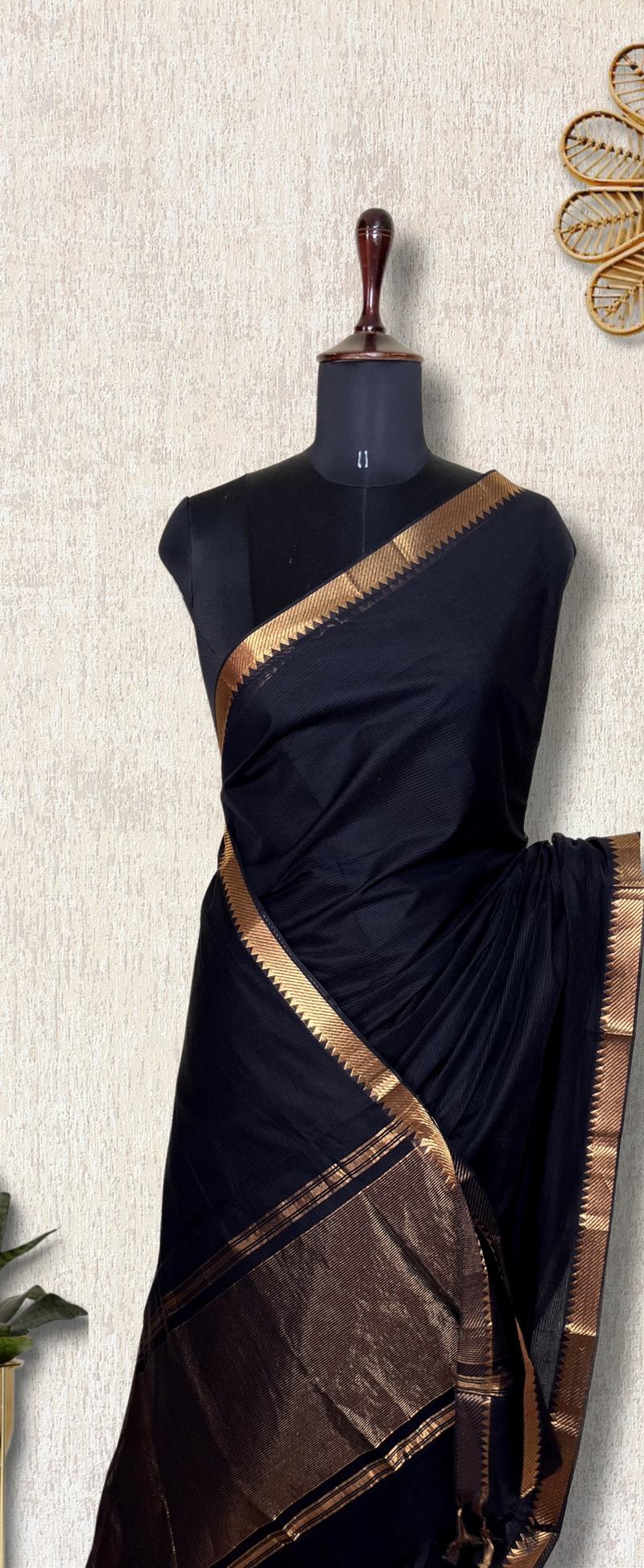 Handwoven Mangalgiri Cotton Saree -  Black + Gold