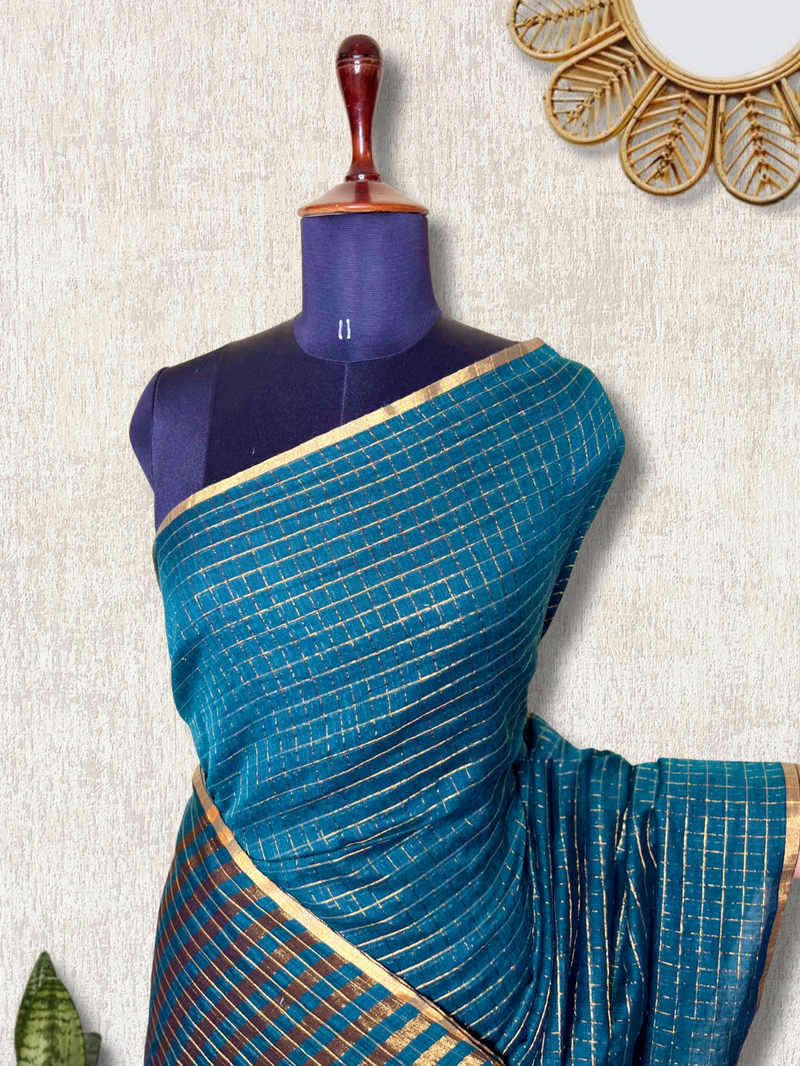 Handwoven Cotton Saree -  Teal Green + Gold