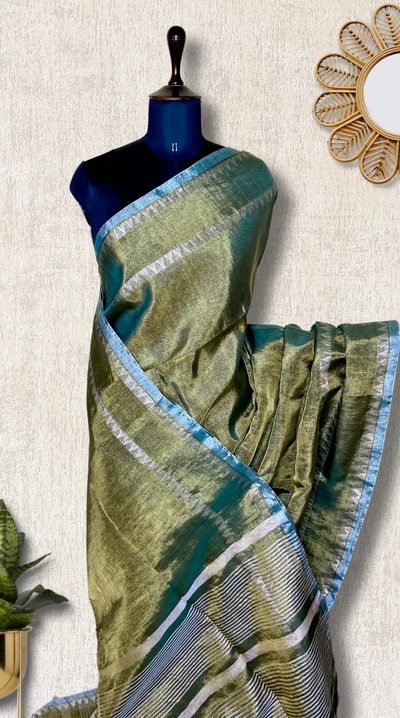 Handwoven Metallic Linen Tissue Saree - Olive Green + Gold