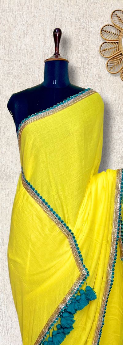 Handcrafted Cotton Saree - Bitter Lemon Yellow+ Deep Sea Green