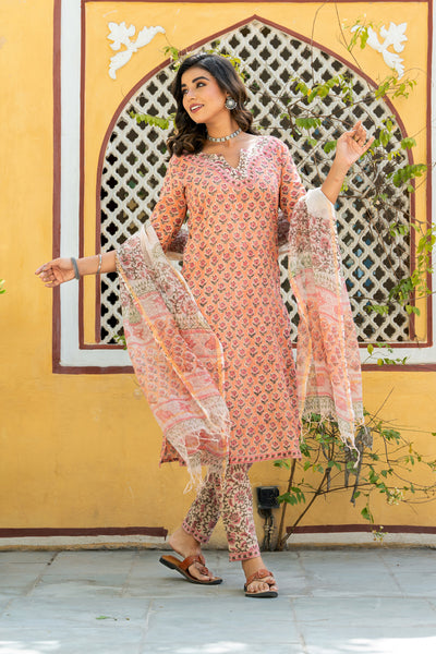 Orange Floral Buti Pintuks Kurta Set