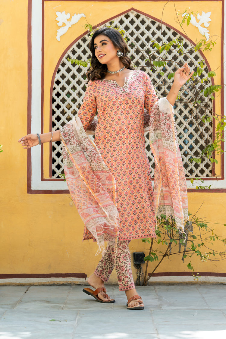 Orange Floral Buti Pintuks Kurta Set