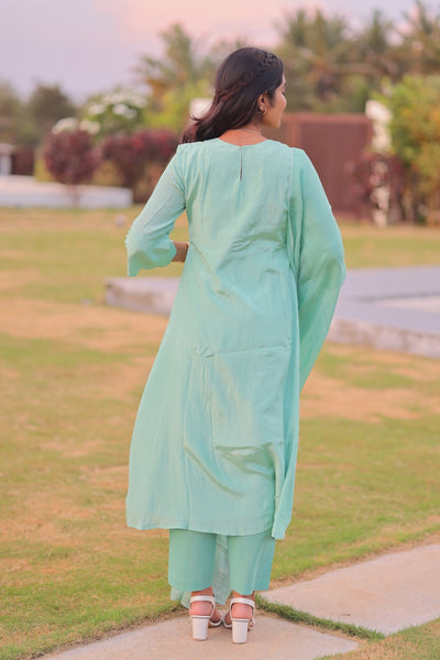 Mint Glow Embroidered A-Line Co-ord Set With Dupatta