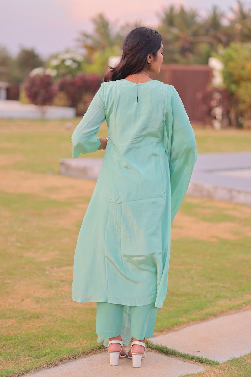 Mint Glow Embroidered A-Line Co-ord Set With Dupatta