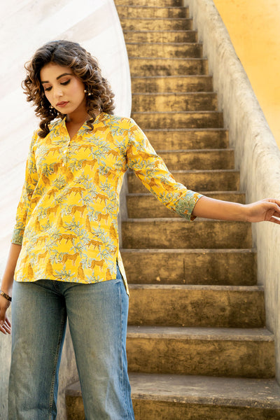 Yellow Leopard Safari Short Kurta