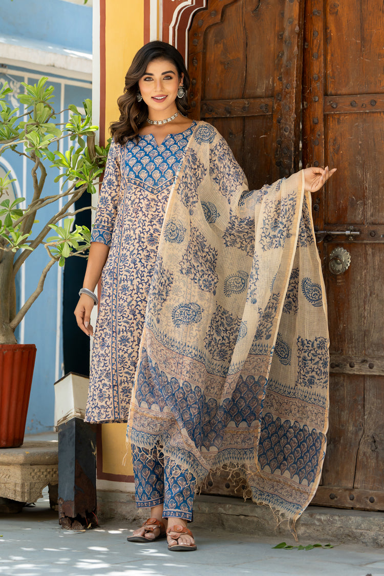 Beige Blue Buti Floral Kurta Set