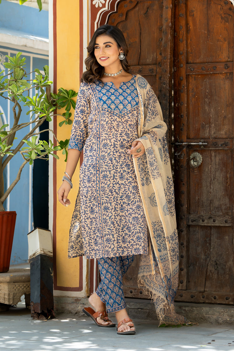 Beige Blue Buti Floral Kurta Set