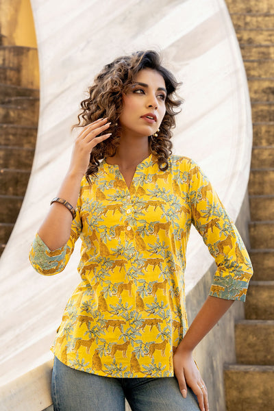 Yellow Leopard Safari Short Kurta