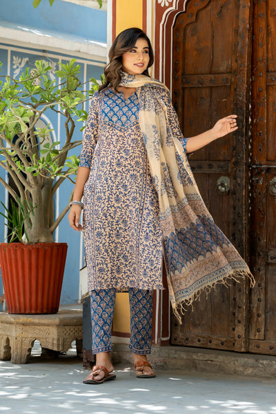 Beige Blue Buti Floral Kurta Set