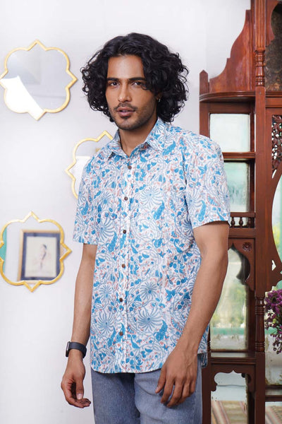 Blue Floral Tropical Print Shirt