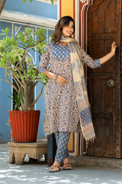 Beige Blue Buti Floral Kurta Set