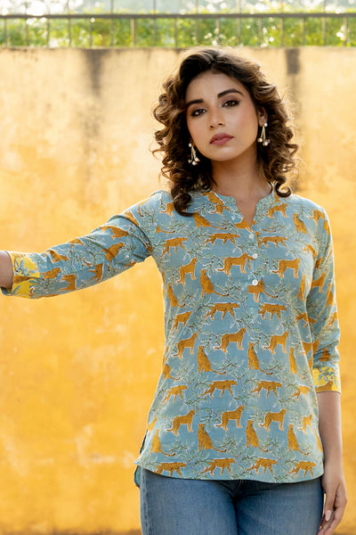 Turquoise Leopard Safari Short Kurta