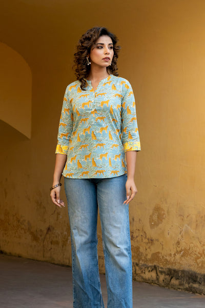 Turquoise Leopard Safari Short Kurta