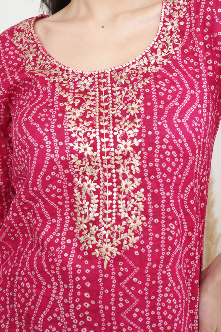 Pink Bandhej Necklace Kurta Set