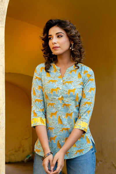 Turquoise Leopard Safari Short Kurta