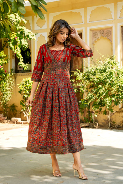 Red Pine Ajrakh Box Pleat Dress