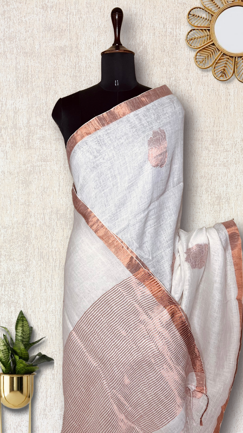 Handwoven Linen Saree - Pearl White Rose + Copper Zari