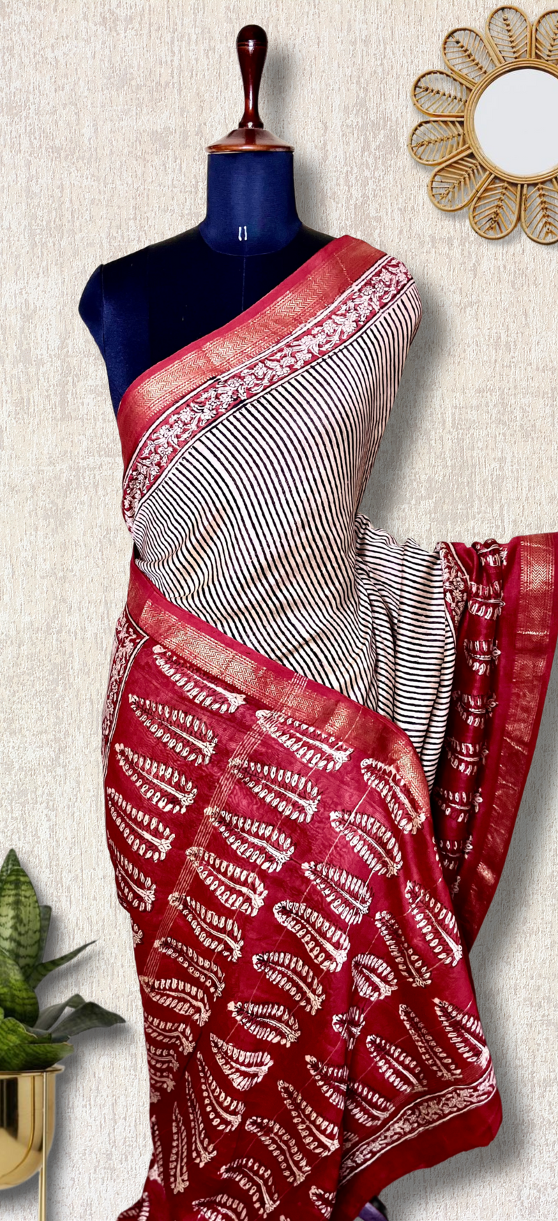 Handblock Printed Silk Cotton Saree - Thunderbird Red + Soft Peach