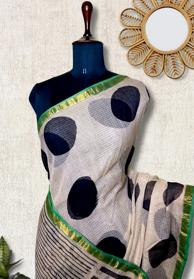Handblock Printed Kota Doria Saree - Soft Peach + Persian Green