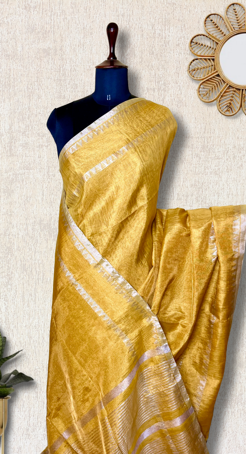 Handwoven Metallic Linen Tissue Saree - Fuel Yellow+ Gold