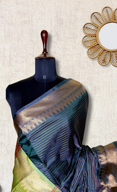 Handwoven Art Silk Saree - Zodiac Blue + Smoke Green